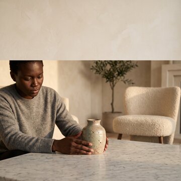 A young Black woman holding a handmade ceramic vase on a marble table in a modern minimalist living room setting