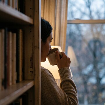 Thoughtful woman drinking hot coffee from a mug while looking out the window on a cozy winter day