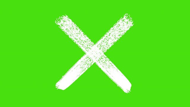 Hand-drawn white chalk x mark animation on green screen, grunge cross symbol overlay for editing scribble