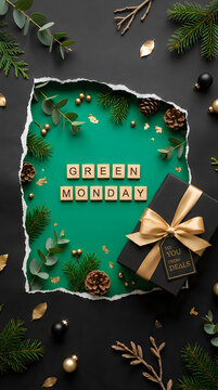 Green Monday Text on Torn Paper with Christmas Decorations