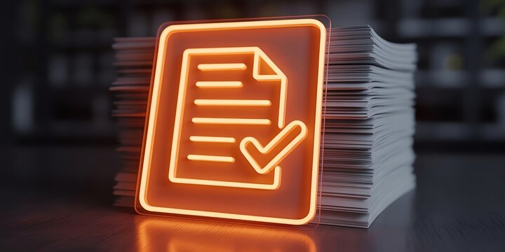 Glowing neon orange document icon with checkmark symbol leaning against huge stack of paper documents.