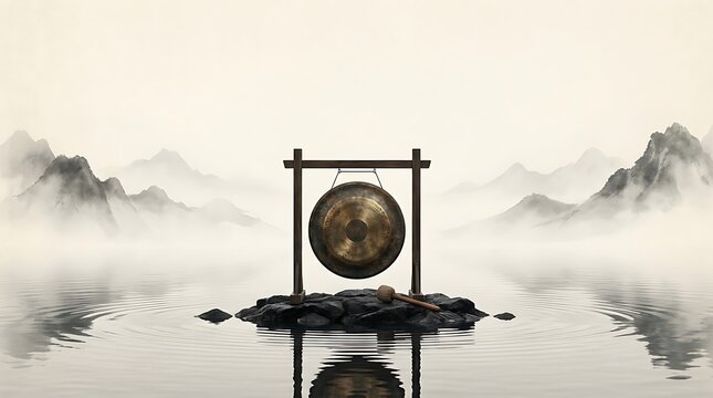 Traditional Asian Gong on Zen Lake with Misty Mountains Background