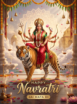 Hindu deity durga sitting on a tiger for navaratri festival