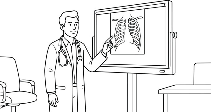 Healthcare worker pointing at a chest rib x-ray display board in a hospital conference room vector illustration, clinical line art for creative coloring