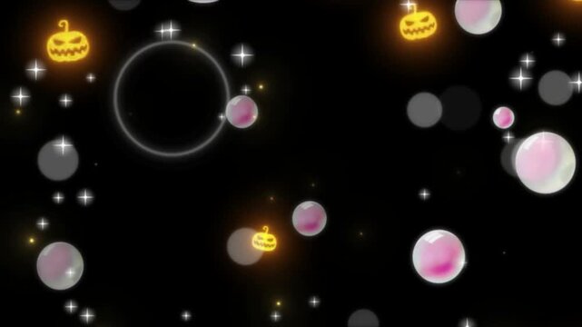Dark background showcasing floating glowing jack o lantern symbols and bright sparkling bokeh lights for spooky holiday themes.