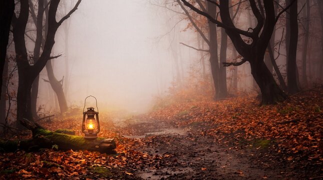 Autumn Forest Atmosphere, A misty autumn forest path illuminated by a solitary glowing lantern