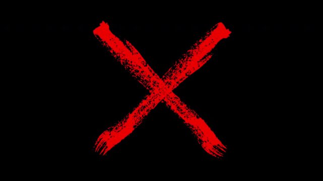 Red grunge x mark animation, hand-drawn brush stroke cross symbol for rejection or error overlay