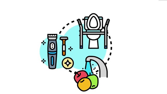 Medical hygiene concept depicting essential elements for health and cleanliness, including a toilet aid, personal grooming tools, a sink with running water, and fresh fruits for a balanced diet
