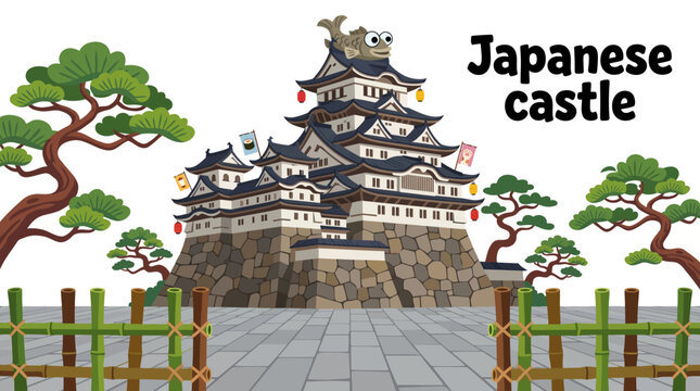 japanese castle with curved rooftops, layered towers, wooden details, fortified walls, traditional architecture, historic cultural landmark, detailed vector illustration for tourism and travel designs