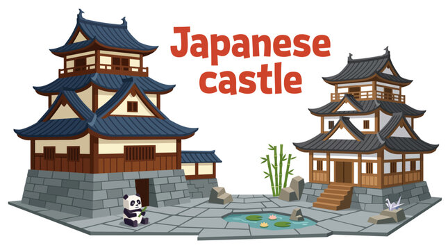japanese castle with curved rooftops, layered towers, wooden details, fortified walls, traditional architecture, historic cultural landmark, detailed vector illustration for tourism and travel designs