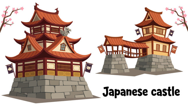 japanese castle with curved rooftops, layered towers, wooden details, fortified walls, traditional architecture, historic cultural landmark, detailed vector illustration for tourism and travel designs