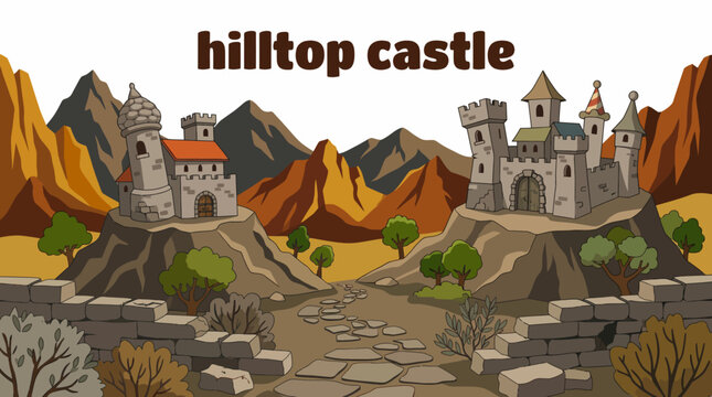 hilltop castle with rugged stone walls, defensive towers, elevated fortress architecture, panoramic landscape setting, historic European landmark, detailed vector illustration for travel themes