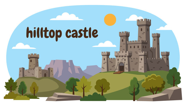 hilltop castle with rugged stone walls, defensive towers, elevated fortress architecture, panoramic landscape setting, historic European landmark, detailed vector illustration for travel themes