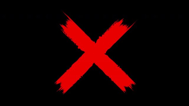Red grunge x mark animation, hand drawn cross symbol overlay, animated brush stroke sign for rejection or error