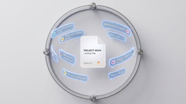 Futuristic digital project file icon with holographic data tags in circular frame isolated on solid background