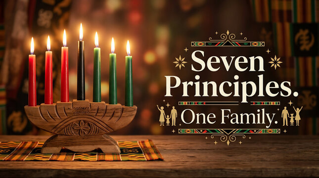 Kwanzaa kinara with seven lit candles on a traditional patterned mat, celebrating the seven principles and one family holiday theme