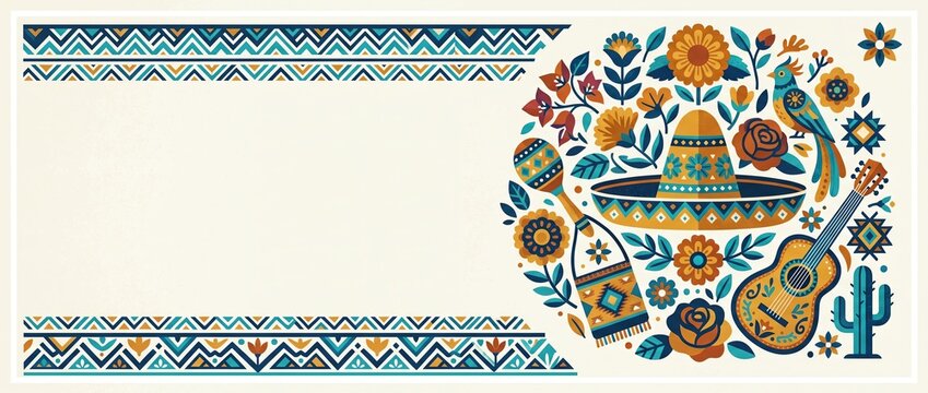 Ornate Mexican folk background with sombrero guitar bird flowers watercolor illustration