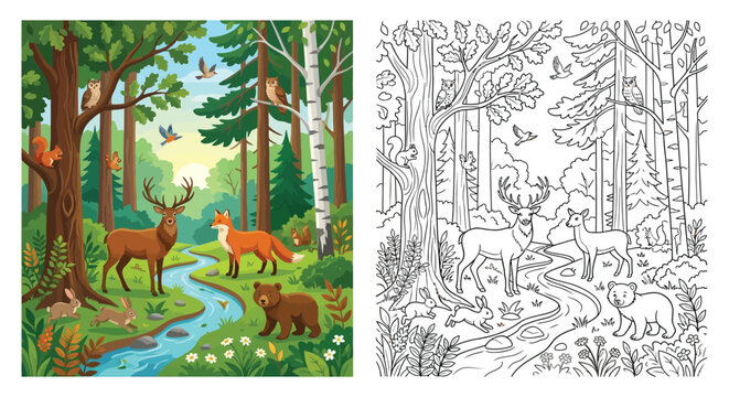 Forest scene with deer fox bear and birds is a vector illustration