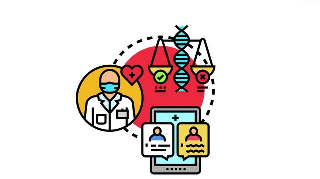 Medical ethics concept a doctor managing patient communication and genetic information, weighing ethical dilemmas on a scale of justice for responsible healthcare decisions