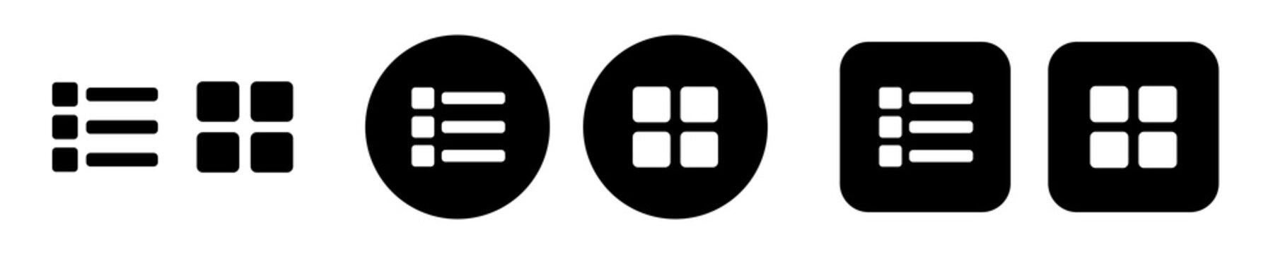 List and grid view icon set with layout symbols. View mode and display options for file browsers, product catalogs, image galleries and web interfaces