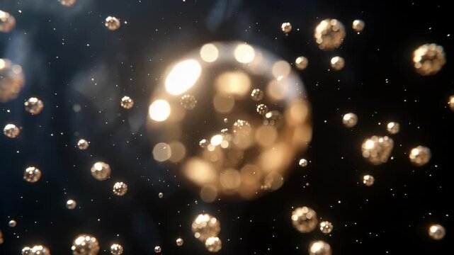 Golden glowing spheres drift across a dark space background in a photorealistic style, evoking particles, luxury, depth