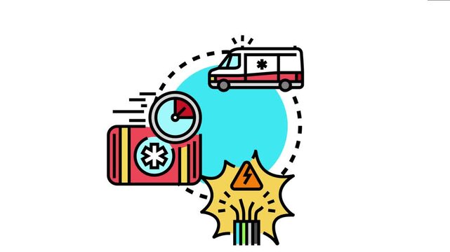 Medical emergency response coordination concept an ambulance, a first aid box, a timer for quick action, and a warning sign indicating urgency and danger