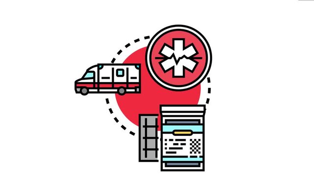 Healthcare services concept featuring an ambulance, a star of life symbol, and medical prescription icons, crisis intervention and urgent patient care