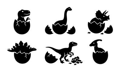 Dinosaur Icons Set, Baby Dinosaurs Hatching from Eggs, Prehistoric Creatures Vector Graphics © Mainul