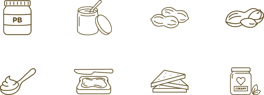 Minimalist peanut butter line icons, 8 brown vector elements of nut spread jars and snacks, organic food packaging design assets