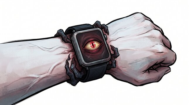 Smartwatch display showing a large glowing eye attached to a human wrist