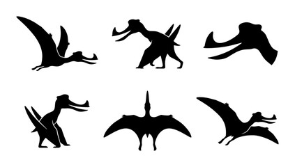 Pterodactyl Silhouettes, Flying Dinosaur Vector Icons, Prehistoric Reptile Graphics, Ancient Creature Set © Mainul