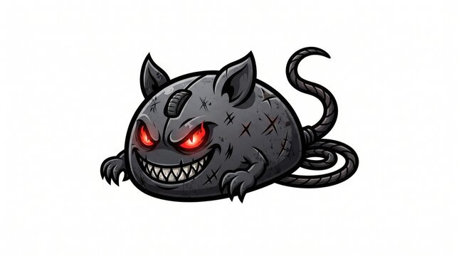 Evil computer mouse monster with glowing red eyes and sharp teeth