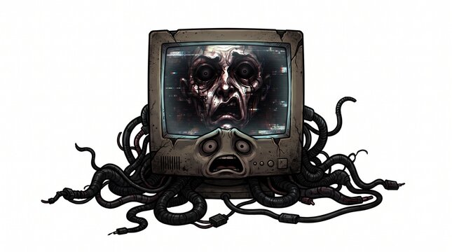 Spooky vintage television set with monster face screen and black tentacles