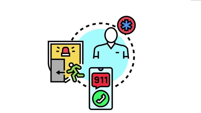 Medical professional offering support in an emergency situation, with a person evacuating and calling for urgent help on a mobile device