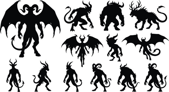 Demon and monster silhouette collection featuring horned creatures winged devils gargoyles and fantasy beasts isolated on white background