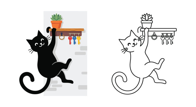 Black cat reaching for keys on a shelf vector illustration