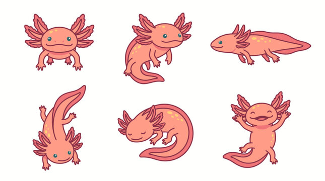 Set of cute pink axolotl vector icons in various playful poses for character design projects
