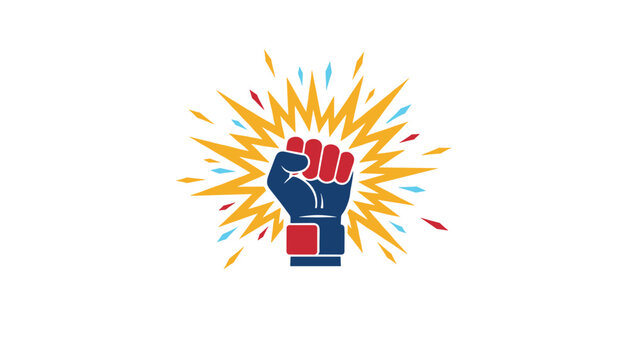 Power symbol representing strength and unity showing a raised fist icon with colorful radial splash elements.
