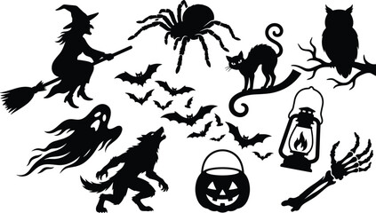 Fototapeta premium Halloween silhouette set with flying witch spooky ghost werewolf black cat spider bats owl lantern pumpkin and skeleton hand isolated on white background