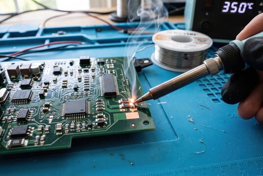 Close-up of technician soldering micro components on a printed circuit board PCB with hot iron emitting smoke and sparks in an electronics repair workshop.