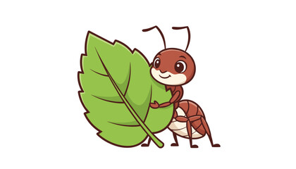 Fototapeta premium Delightful cartoon illustration of a friendly little brown ant holding and carrying a large fresh green leaf.
