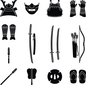 Samurai armor and weaponry silhouettes depict traditional japanese martial equipment on a white background