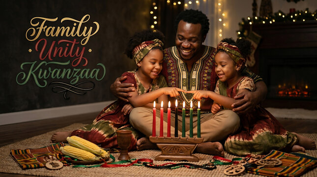 African american father and two daughters celebrating kwanzaa with kinara candles and corn at home