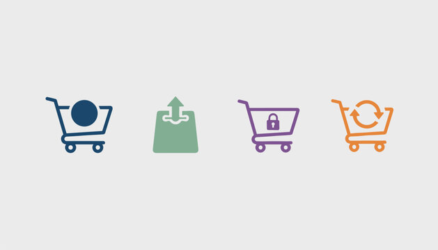 Set of four colorful flat outline icons for online shopping, checkout security, and e-commerce transactions.