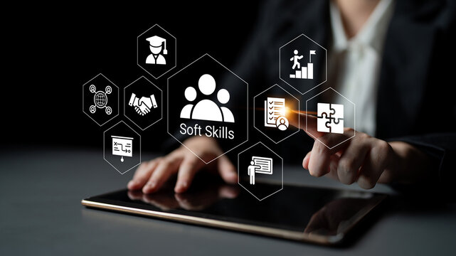 This image showcases a professional engaging with a digital tablet, emphasizing the critical role of soft skills in personal and business growth through interactive icons. Nascent