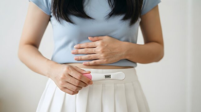 Young Woman Holding Digital Pregnancy Test with Positive Result, Touching Belly Concept