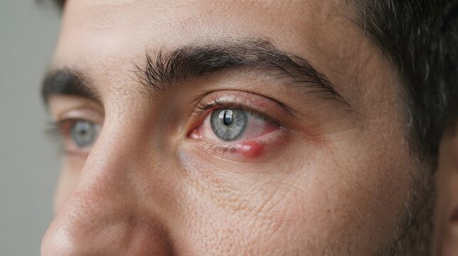 Close Up of Man's Eye with Stye on Eyelid, Eye Infection and Inflammation Concept