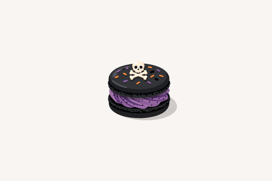 Black Halloween French Macaron with Skull Crossbones Topper and Purple Cream Filling Vector Illustration