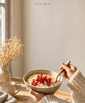 A woman holding an oat porridge bowl topped with red currants and almonds. Poster for World Porridge Day.