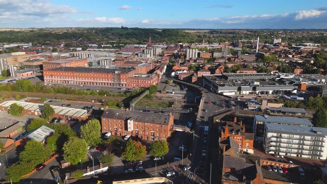 Aerial view of urban cityscape and industrial site in Burton upon Trent